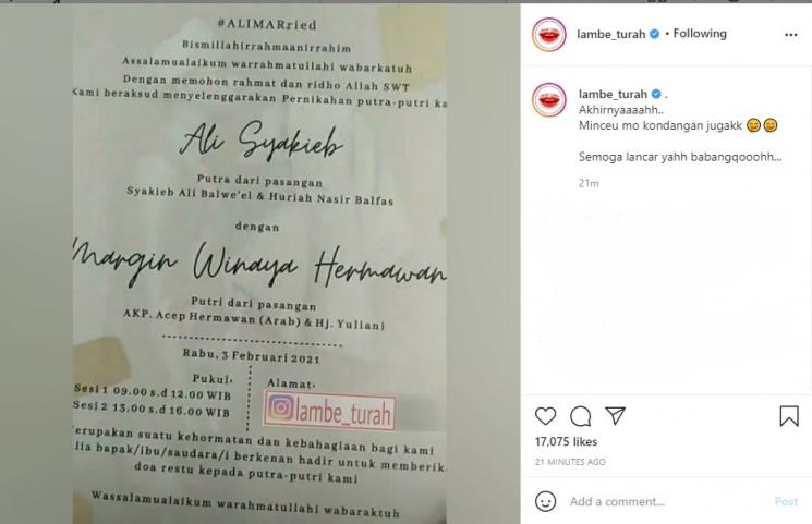 Beredar Undangan Nikah Ali Syakieb dan Margin Wieheerm. (Instagram/@lambe_turah)