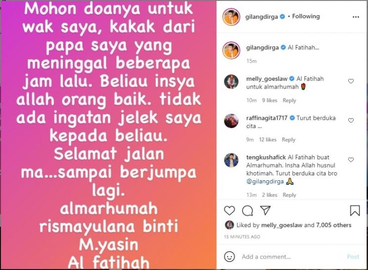 Gilang Dirga berduka. (Instagram/@gilangdirga)