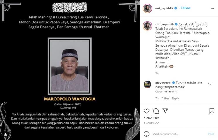 Ayah Ruri Repvblik meninggal dunia. (Instagram/@ruri_repvblik)
