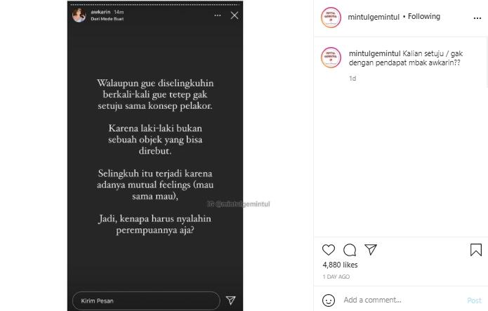 Awkarin tanggapi soal perselingkuhan (Instagram.com)