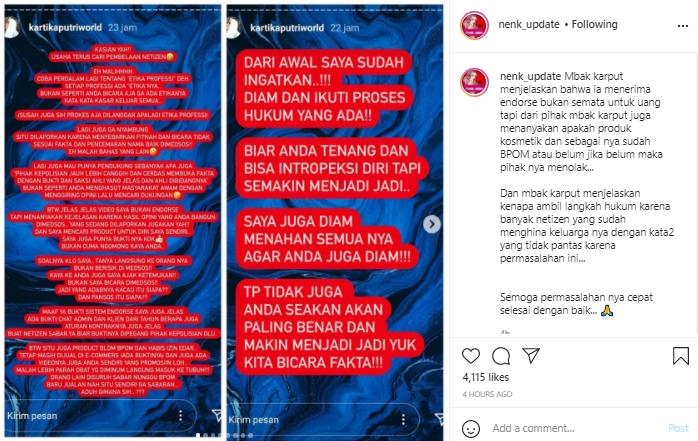 Postingan IG Story Kartika Putri (Instagram.com)