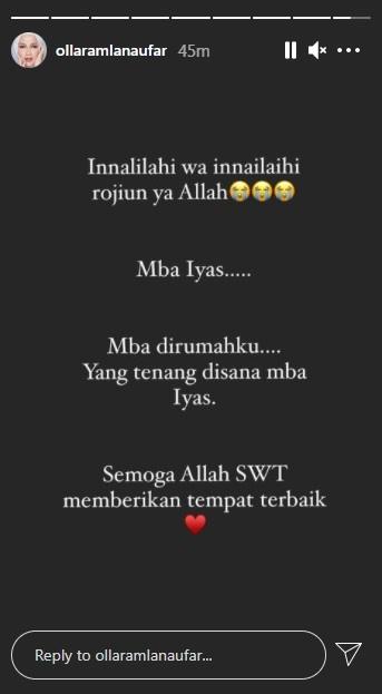 Olla Ramlan bagikan kabar duka. (Instagram/@ollaramlanaufar)