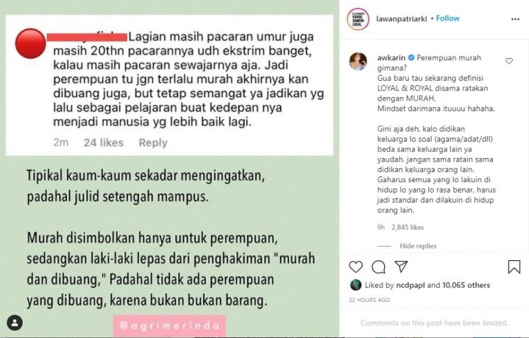 Awkarin protes soal komentar 'perempuan murah'. (Instagram/@lawanpatriarki)