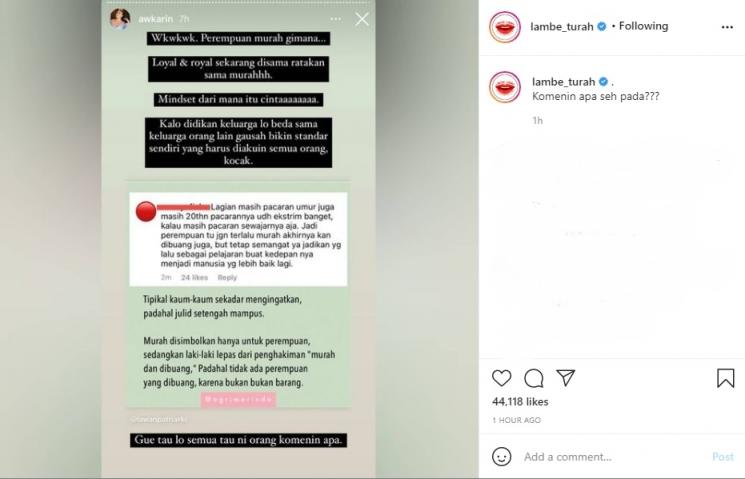 Awkarin protes soal komentar 'perempuan murah'. (Instagram/@lambe_turah)