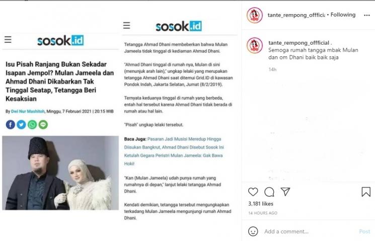 Ahmad Dhani dan Mulan Jameela dikabarkan pisah ranjang. (Instagram/@tante_rempong_offficial)