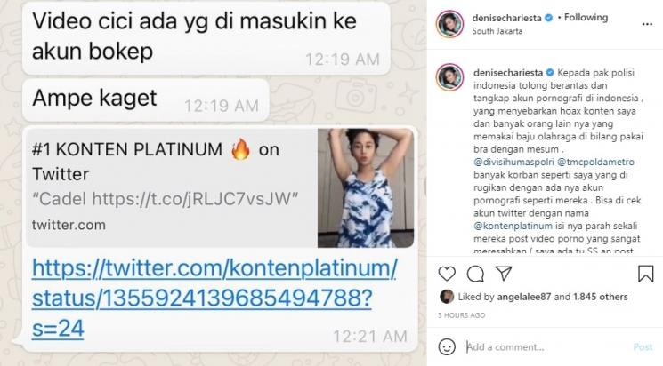 Denise Chariesta marah kontennya dimasukkan ke akun pornografi. (Instagram/@denisechariesta)
