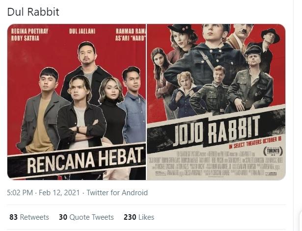 Poster Dul Jaelani X Geisha dan Poster film Jojo Rabbit. (Twitter)