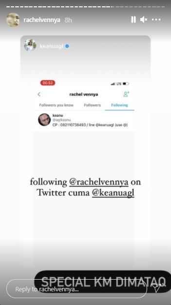 Rachel Vennya cuma follow Keanu Agl di Twitter. (Instagram)