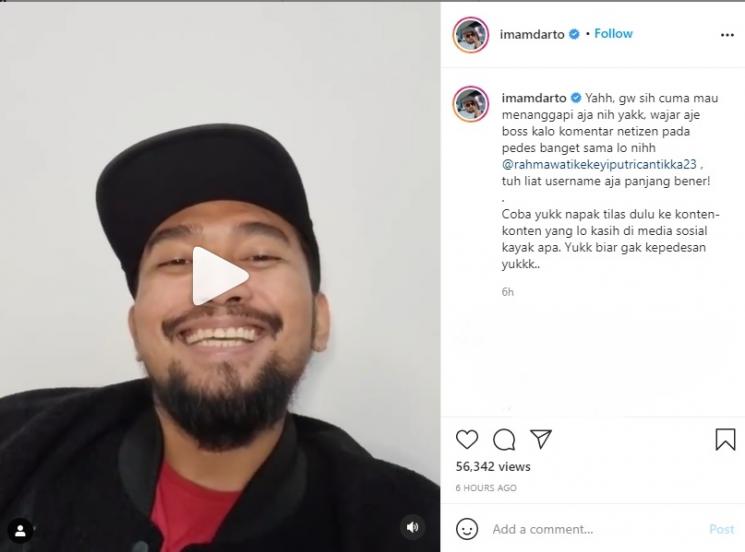 Imam Darto heran Kekeyi menangis. (Instagram/imamdarto)