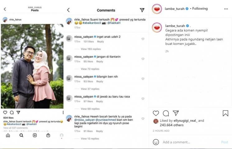 Beredar komentar Nissa Sabyan di IG Ririe Fairus. (Instagram/lambe_turah)