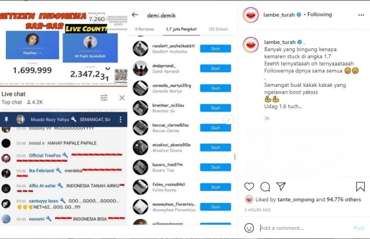 Followers Instagram Dayana disorot. (Instagram/lambe_turah)