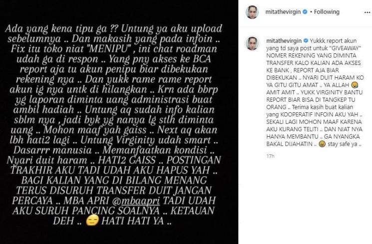 Postingan Mita The Virgin. (Instagram/@mitathevirgin)