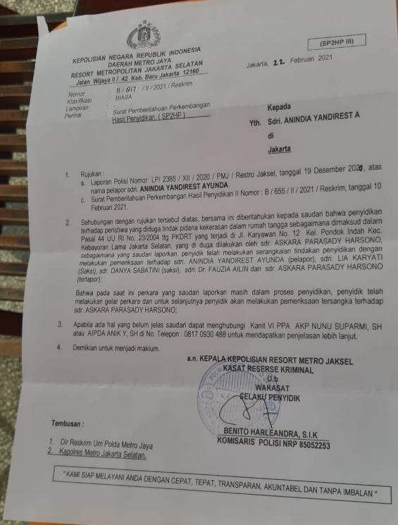 Surat penetapan tersangka suami Nindy Ayunda, Askara. (MataMata.com/Herwanto)