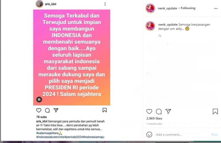 Aris Idol Sesumbar Nyalon Jadi Presiden Indonesia 2024. (Instagram/nenk_update)
