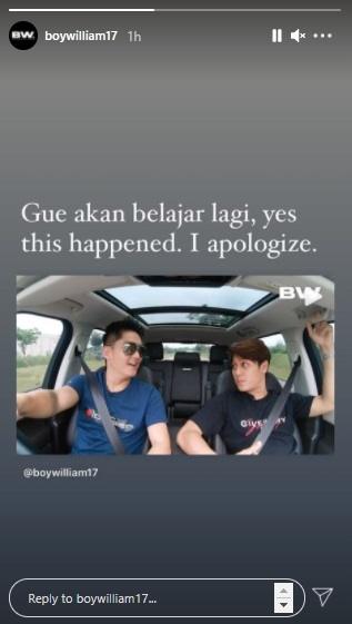Boy William minta maaf ke Rizky Billar. (Instagram/@boywilliam17)