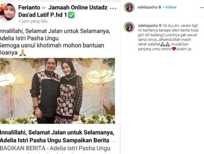 Adelia Pasha diberitakan meninggal. (Instagram/@adeliapasha)