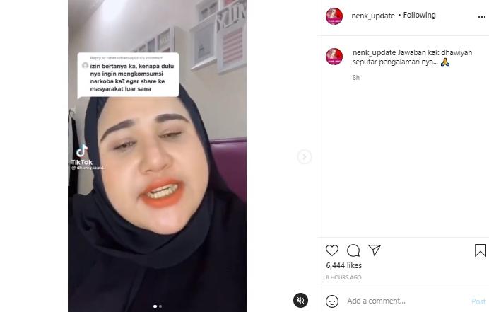 Dhawiya ungkap alasan pakai narkoba (Instagram.com)