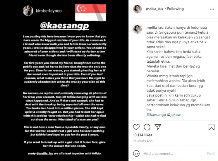 Curhatan Ibunda Felicia Tissue, Meilia Lau untuk Kaesang. (Instagram/meilia_lau)
