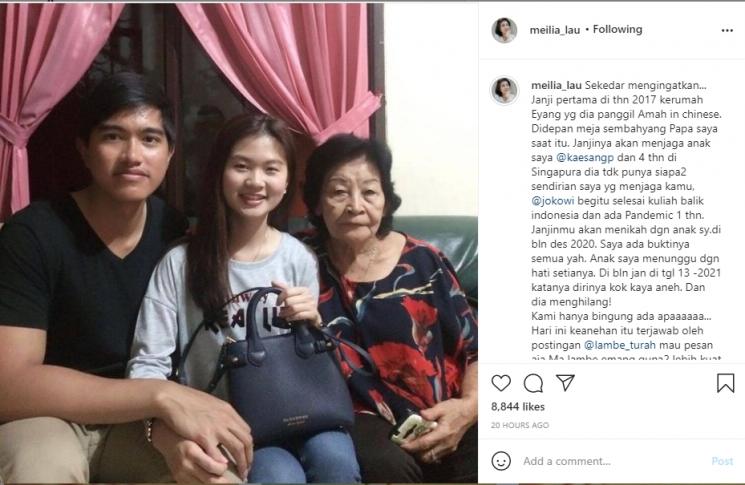Curhatan Ibunda Felicia Tissue, Meilia Lau untuk Kaesang. (Instagram/meilia_lau)