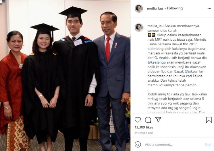 Curhatan Ibunda Felicia Tissue, Meilia Lau untuk Kaesang. (Instagram/meilia_lau)