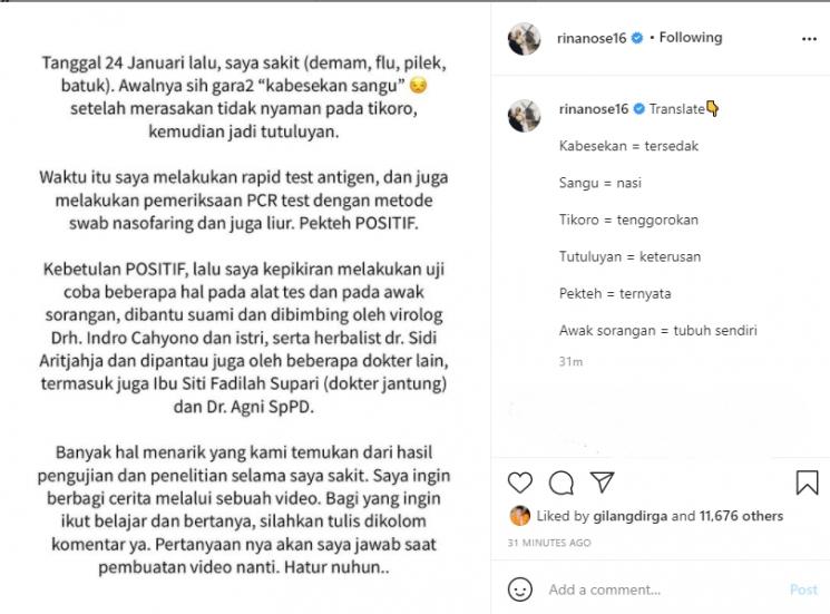 Rina Nose positif Covid-19. (Instagaram/rinanose16)