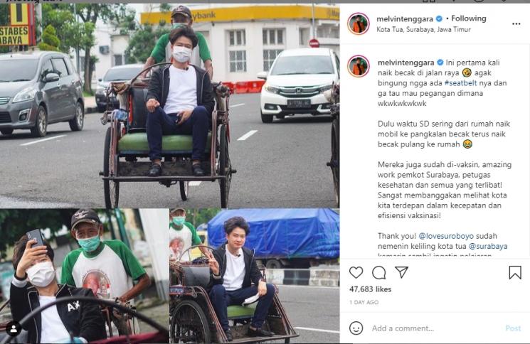 Crazy Rich Surabaya Melvin Tenggara naik becak. (Instagram/melvintenggara)