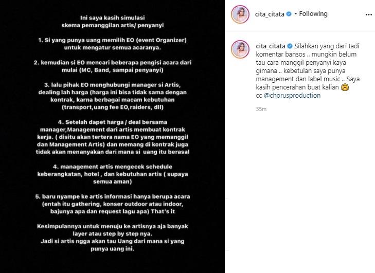 Klarifikasi Cita Citata soal dibayar dengan uang hasil korupsi bansos. (Instagram/@cita_citata)