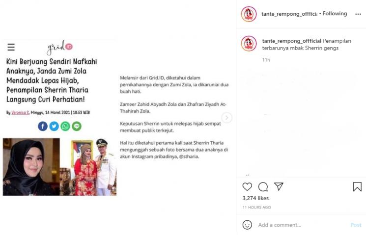 Sherrin Tharia dikabarkan lepas hijab. (Instagram/tante_rempong_offficial)