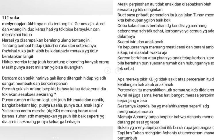 Kritik Merlyn Sopjan soal Aurel Hermansyah hidup di ruko. [Instagram]