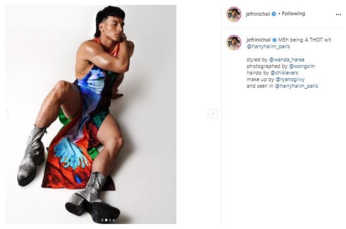 Jefri Nichol pakai dress dalam pemotretan. (Instagram/@jefrinichol)