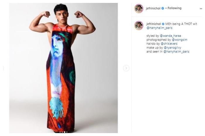 Jefri Nichol pakai dress dalam pemotretan. (Instagram/@jefrinichol)