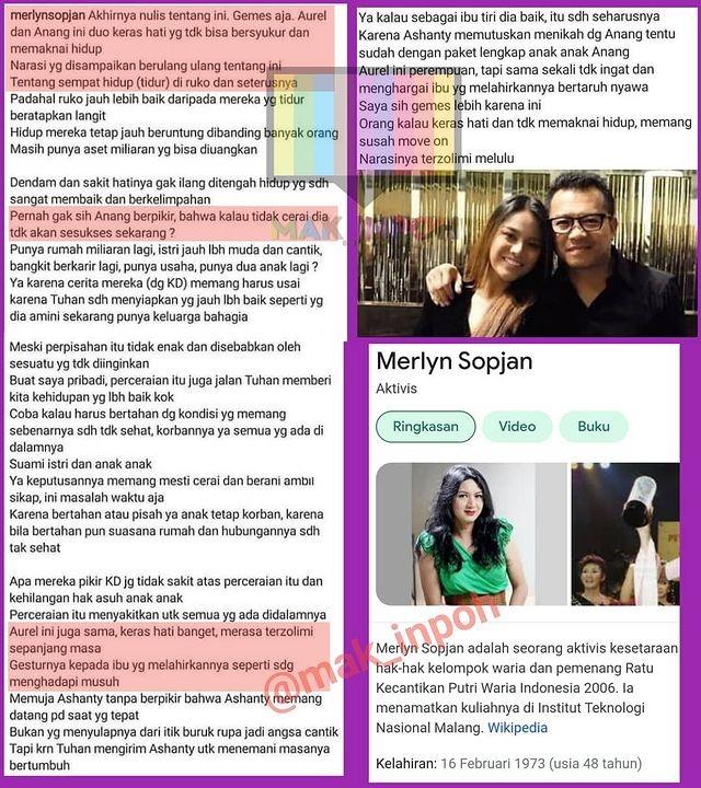 Merlyn Sopjan kritik Anang dan Aurel Hermansyah. (Instagram/@mak_inpoh)