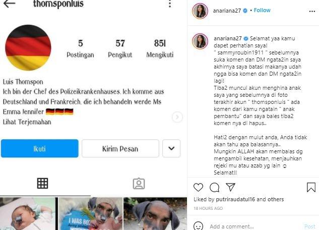 Bayi Ana Riana disebut anak pembantu hingga diedit wajah hewan. (Instagram/@anariana27)