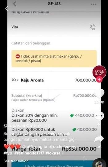 Karyawan restoran bongkar nominal Nagita Slavina sekali jajan (TikTok.com)