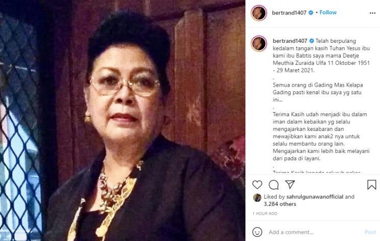 Bertrand Antolin berduka, ibu baptisnya meninggal dunia. (Instagram/bertrand1407)