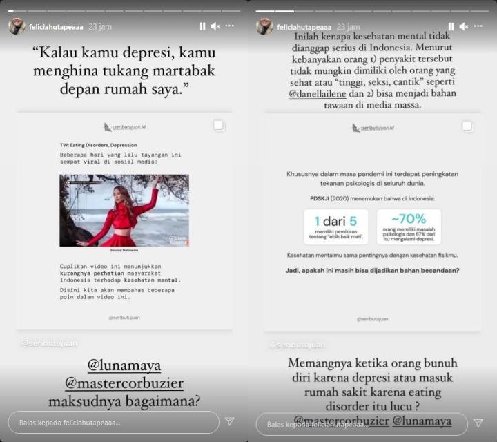 Felicia Hutapea kritik Luna Maya dan Deddy Corbuzier. (Instagram/feliciahutapeaaa)