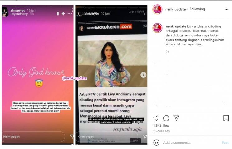 Livy Andriany dituding jadi pelakor. (Instagram/almaprysc)