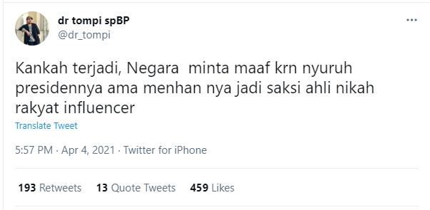 Tompi kritik kehadiran Jokowi dan Prabowo di pernikahan Atta Halilintar. (Twitter/dr_tompi)