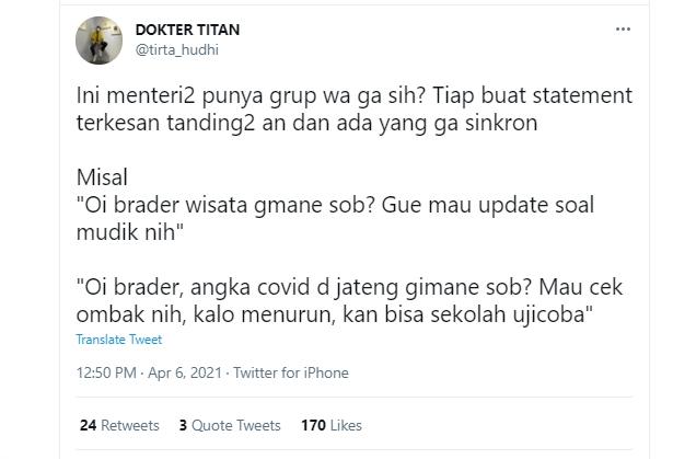 Dokter Tirta soroti Aturan Mudik dan Wisata yang tidak sinkron. (Twitter/tirta_hudhi)