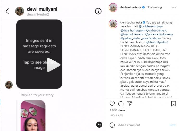 Denise Chariesta ngamuk fotonya dilecehkan. (Instagram/denisechariesta)