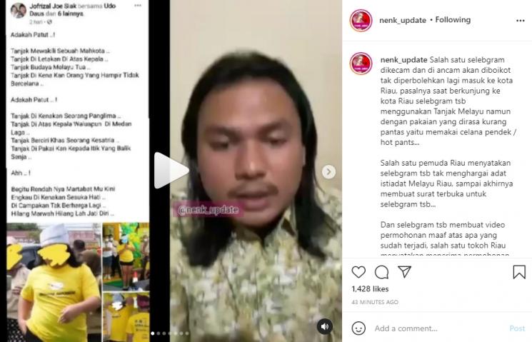 Keanu Agl klarifikasi usai dituduh menghina adat Riau. (Instagram/nenk_update)