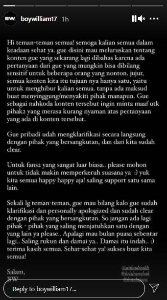 Boy William minta maaf. (Instagram/@boywilliam17)