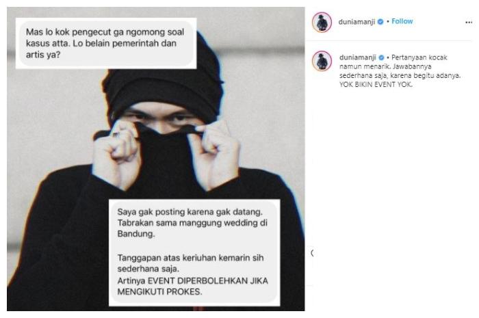 Anji tanggapi soal pernikahan Atta Halilintar. (Instagram/@duniamanji)