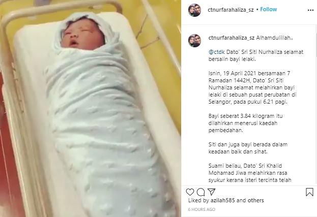 Siti Nurhaliza melahirkan anak kedua. (Instagram/@ctnurfarahaliza_sz)
