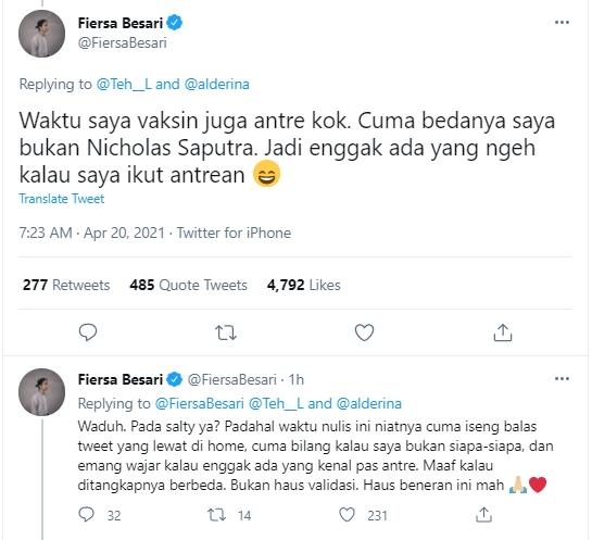 Fiersa Besari ngaku antre saat vaksin kayak Nicholas Saputra. (Twitter/FiersaBesari)
