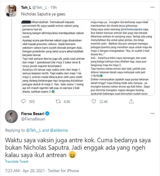 Fiersa Besari ngaku antre saat vaksin kayak Nicholas Saputra. (Twitter/FiersaBesari)