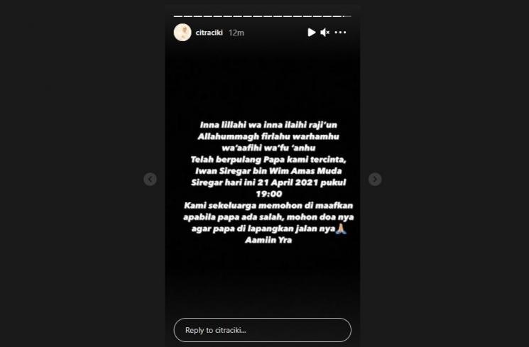 Ayah Citra Kirana meninggal dunia. (Instagram/citraciki)