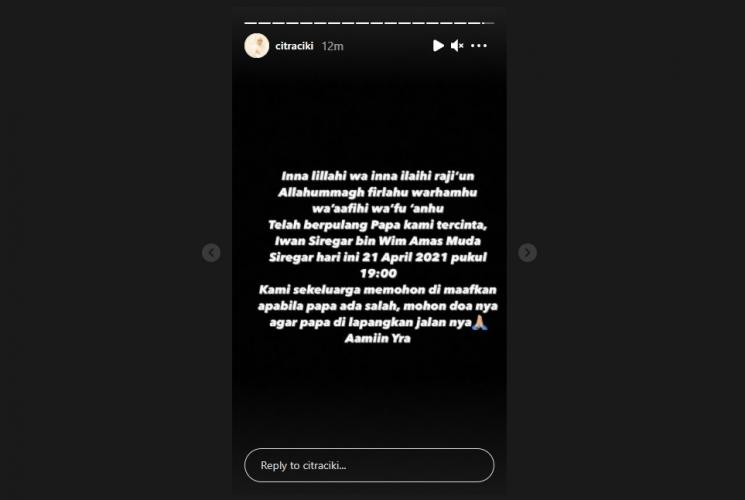 Ayah Citra Kirana meninggal dunia. (Instagram/citraciki)