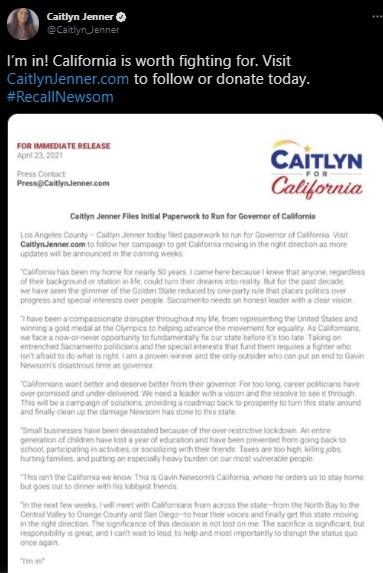 Caitlyn Jenner Maju Jadi Gubernur California. (Twitter)