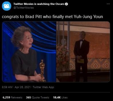 Youn Yuh Jung dan Brad Pitt. (Twitter)
